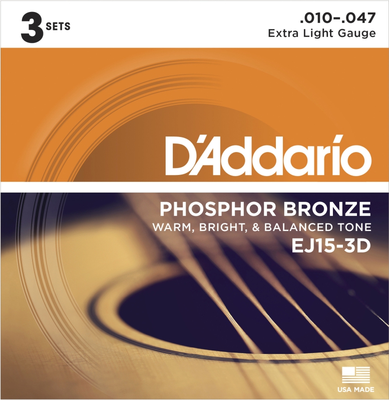 D´Addario EJ15-3D Phosphor Bronze 3-er Set Saiten für Westerngitarre